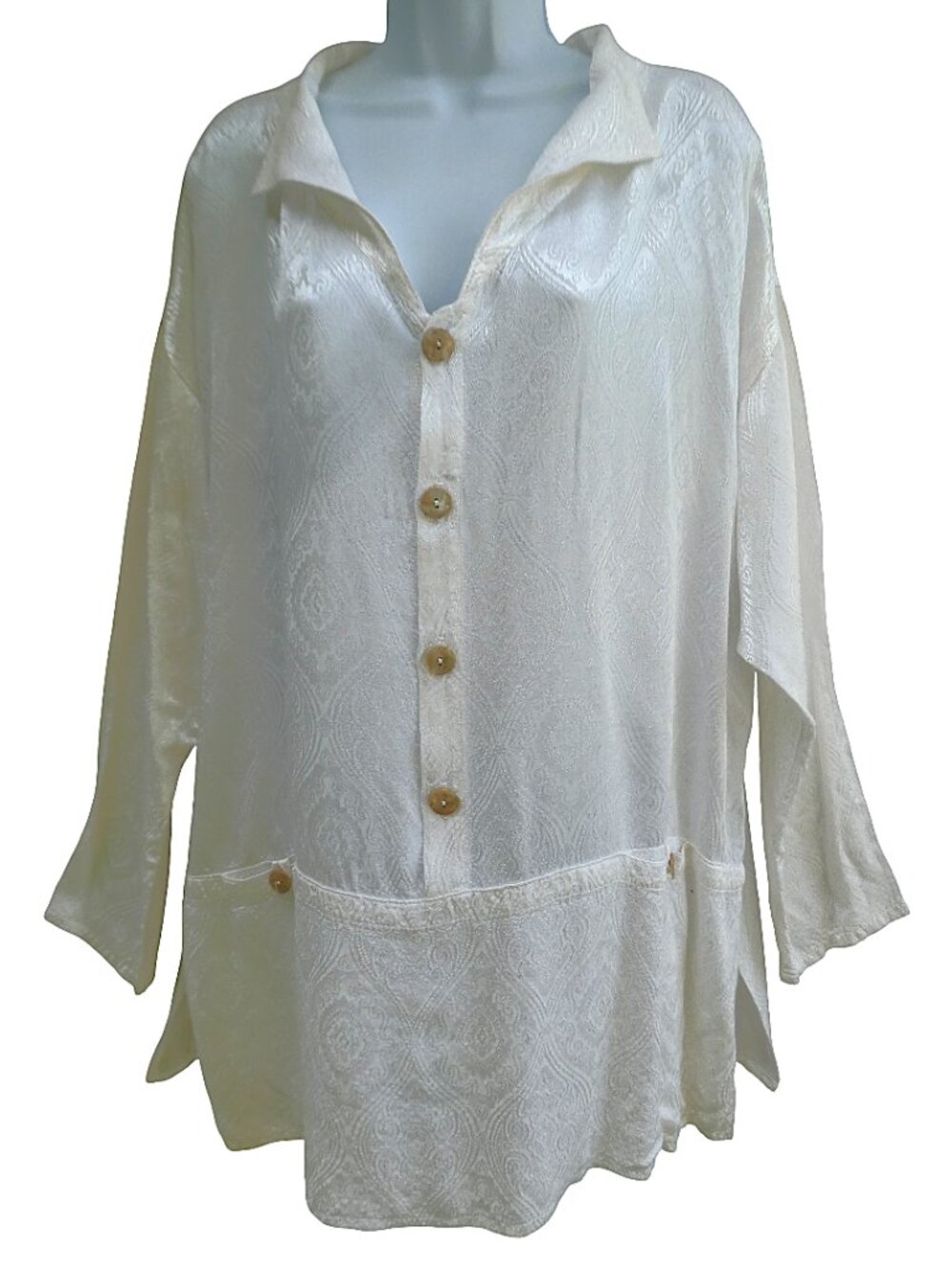 CP Shades Vintage 90s Ivory Floral Embossed Tunic Top Pockets Hand Dyed Vents M